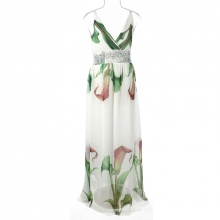 Robe longue imprimée fleurie et ornée de cristaux sur la taille