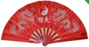 Éventail Yin Yang rouge avec motif dragon